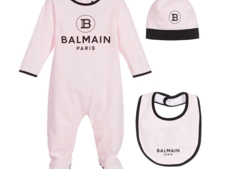 Balmain Baby Print Logo Pink Babygrow Set For Sale