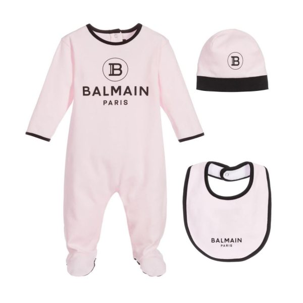 Balmain Baby Print Logo Pink Babygrow Set For Sale