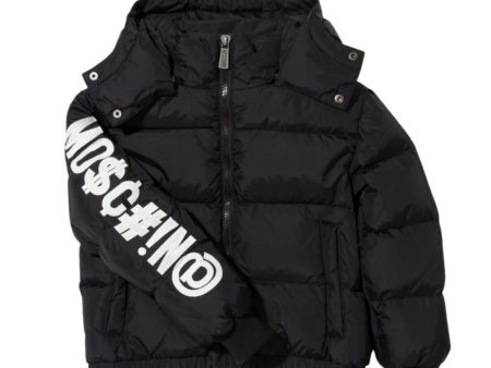 Moschino Kids Black Embroidered Slogan Logo Puffer Jacket Supply